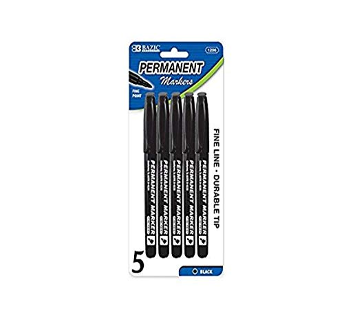 BAZIC Black Fine Tip Permanent Markers w/ Pocket Clip (5/Pack)