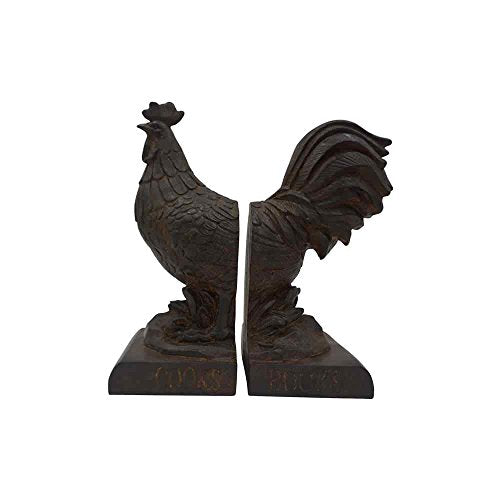 Comfy Hour Farmhouse Home Decor Collection 9" Length 6" Height Set 2 Rooster Design Bookends Art Bookend, 1 Pair, Antique Style, Heavy Weight, Rusty Effect, Polyresin