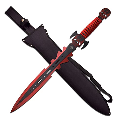 Master Cutlery Fantasy Master - FM-681RD - Fantasy Short Sword - Skull Crusher - Black and Red Stainless Steel Blade, Full Tang, Red Cord Wrapped Handle with Dual Skulls - Fantasy, Collectible