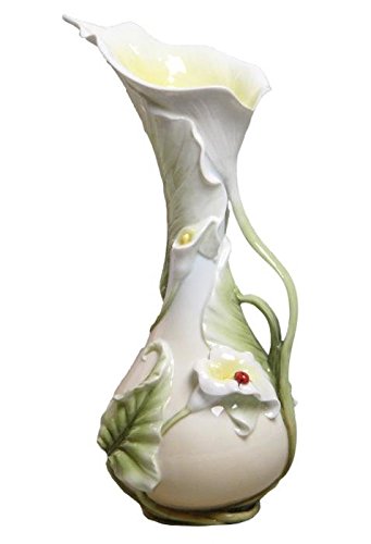 Unicorn Studio 12.25 Inch Porcelain Vase Slender with Bulb Base Calla Lily Ladybug