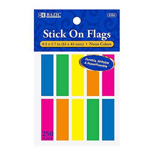 BAZIC Flags Neon Color Coding 0.5" X 1.7" 25 Ct. (10/Pack)