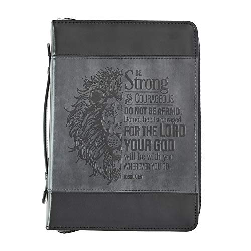 Christian Art Gifts Classic Faux Leather Bible Cover for Men and Women: Be Strong and Courageous - Joshua 1:9 Inspirational Bible Verse with Lion, Gray and Black, Large