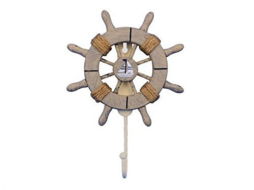 Hampton Iron Rustic Decorative Ship Wheel with Sailboat and Hook 8" - Ship Wheel Decor - Na