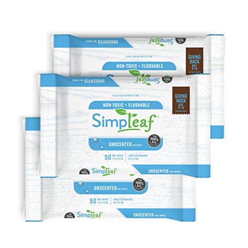 Simpleaf Brands Flushable Wet Wipes | Eco- Friendly, Paraben & Alcohol Free | Hypoallergenic & Safe for Sensitive Skin | Unscented Soothing Aloe Vera Formula (50 Counts) 3 pack