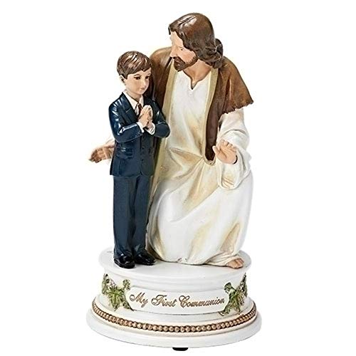 Roman My First Communion Young Boy with Jesus 7 Inch Resin Stone Musical Figurine Plays The Lord&