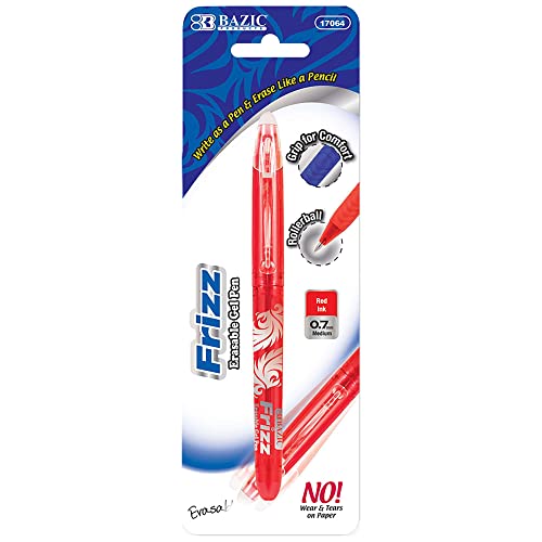 BAZIC Frizz Red Color Erasable Gel Pen 0.7mm, Rollerball Inks Pens Mistake Eraser, Drawing Writing, 1-Pack