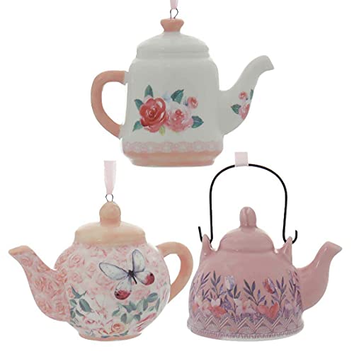 Kurt Adler Boho Chic Floral Teatime Teapot Ornament, Set of 3