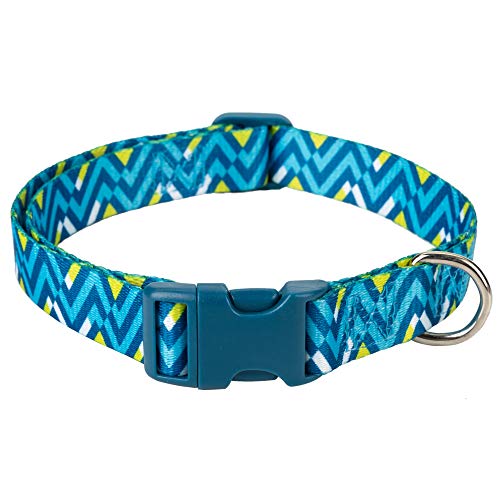 Mile High Life | Geometric Ocean Wavy Pattern | Soft Poly Cotton Fabric | Black Buckle Dog Collar with D Ring| We Donate to Dog Rescues(Light Blue/Hot Blue, Medium )