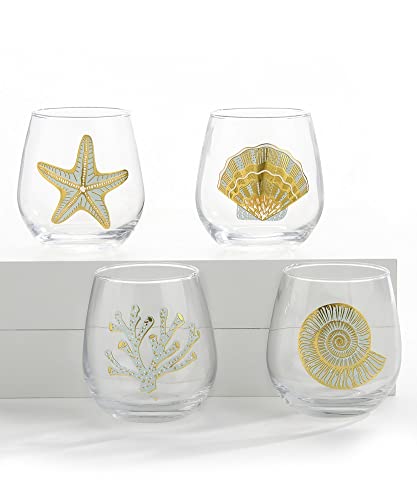 Giftcraft 682948 Christmas Seashell Stemless Wine Glass with Seashell, Set of 4, 4.1 inch, Glass