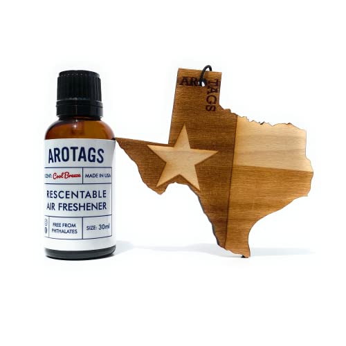 Arotags Wooden Car Air Fresheners - Long Lasting Cool Breeze Scent Diffuses for 365+ Days - Includes Texas Hanging Mirror Diffuser and Fragrance Oil - 100% American Made