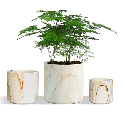 T4U Ceramic Plant Pot, 4/3/2.5 Inch Cylinder Succulent Pot Light Brown Marbling Texture Set of 3, Modern Garden Flower Planter with Drainage Hole, Cactus Herb Container for Indoor Home Office Decor