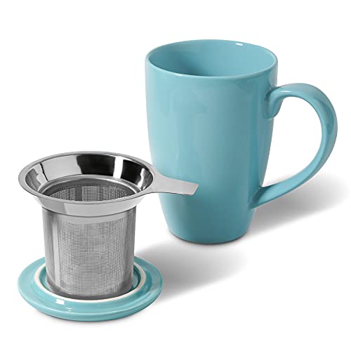 ComSaf Ceramic Tea Mug with Infuser and Lid, 16 OZ Large Porcelain Mug with Tea Filter for Loose Leaf Tea/Tea Bag, Tea Steeping Cup for Office Home, Blue
