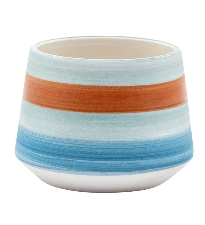 Napco Blue and Orange Striped Ceramic Pot for Indoor Succulents or Small Plants Planter, 4 x 3.5, Ivory