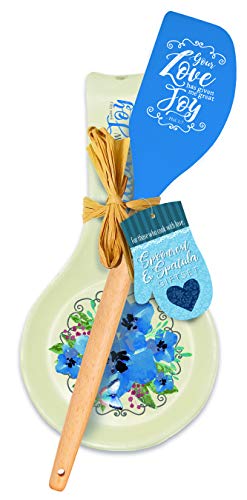 Divinity Joy Scripture Floral Blue 12 x 3 Glossy Ceramic Spatula and Spoon Rest Gift Set