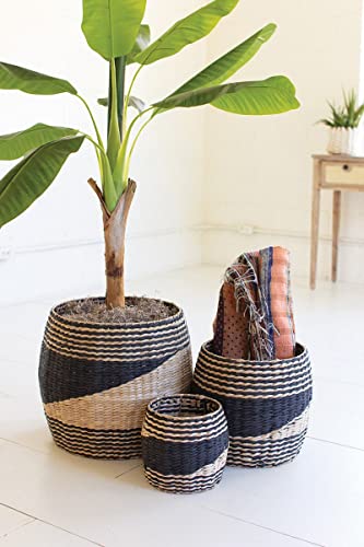 KALALOU Rattan Wood Round Black Natural Seagrass Baskets, Set of Three