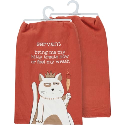 Primitives by Kathy Cat Lover Cotton Kitchen Dish Towel - Servant Bring Kitty Treats Or Feel My Wrath 28 Inch x 28 Inch