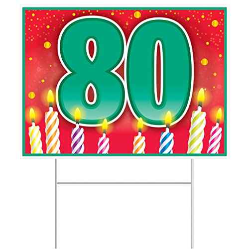 Beistle Plastic 80th Birthday Yard Sign With Stake Outdoor Lawn Decorations, 11.5" x 15.5", Multicolored