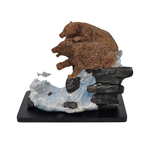 Comfy Hour Wildlife Collection 8 Grizzly Bear Couple Catching Salmon and Fish Figurine, Realistic Lifelike Animal Statue Home Decoration, Brown, Resin Stone