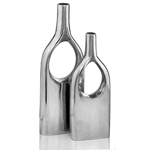 Modern Day Accents View Thru Vases- Set 2, Aluminum, Flowers/Orchids, Tall 19", Short 16" Diameter. Elegant, Modern for Home and Office.