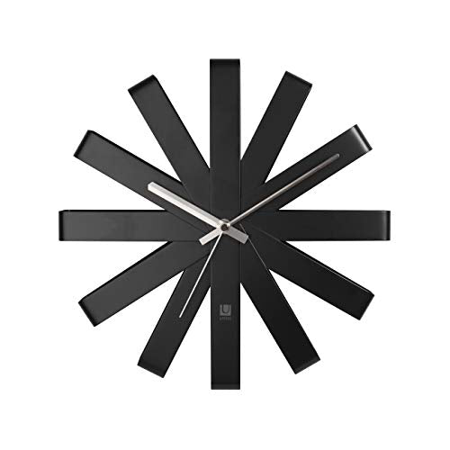 Umbra Ribbon Modern 12-inch Wall Clock, Battery Operated Quartz Movement, Silent Non Ticking Wall Clocks, Black