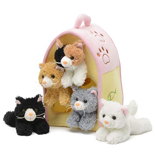 Unipak Plush Cat House with Cats - Five (5) Stuffed Animal Cats in Play Kitten House Carrying Case