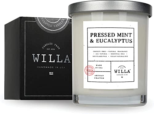 Willa Eucalyptus & Pressed Mint Highly Scented Candle - All Natural Soy Wax Candles Artisan Made in The USA with Essential Oils - Best for a Home / Aromatherapy / Gift / Spa / Bathroom 9oz Jar Candle