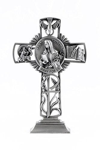 Christian Brands Pewter Catholic Saint St Catherine Pray for Us Standing Cross, 6 Inch