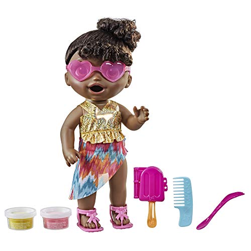 Hasbro Baby Alive Sunshine Snacks Doll, Eats and Poops, Summer-Themed Waterplay Baby Doll, Ice Pop Mold, Toy for Kids Ages 3 and Up, Black Hair