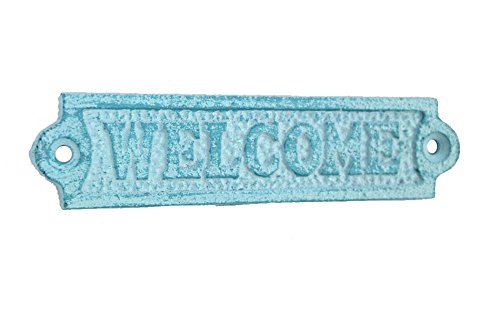 Hampton Iron Rustic Light Blue Whitewashed Cast Iron Welcome Sign 6" - Metal Art - Nautical