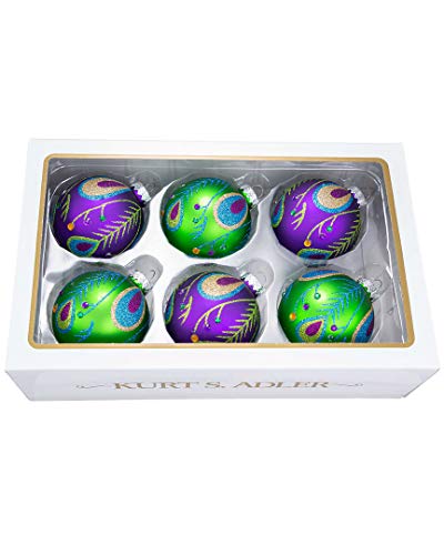 Kurt Adler 80 Mm Peacock Purple Green Glitter Balls 6 Piece
