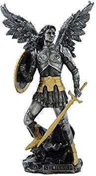 Unicorn Studio US 12.75 Inch Archangel Saint Michael Figurine, Pewter and Gold Color