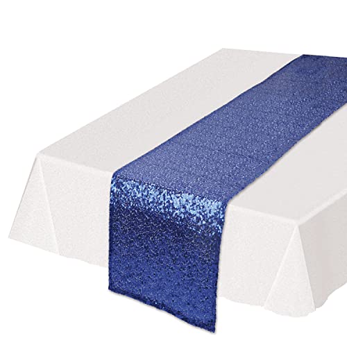 Beistle Rectangular Shiny Sequined Table Runner For Party Event Birthday Wedding Baby Shower Holiday Celebration Decorations, 11.25" x 75", Blue