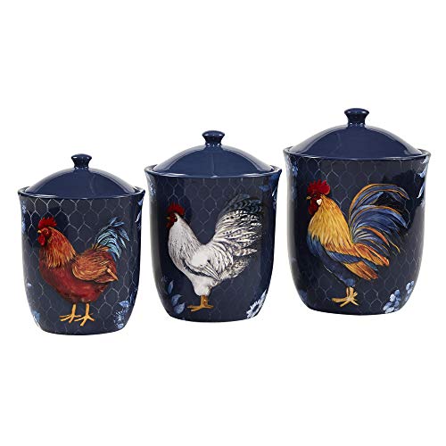 Certified International Indigo Rooster 3 pc Canister Set, 52 oz,74 oz. 96 oz, Multicolor