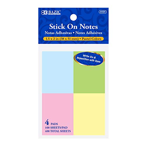 BAZIC 1.5" X 2" Stick On Notes, Bright Assorted Colors Sticky Note Self-Stick Notes Sticking Paper, Post Stickies Colorful Memo Pads, Clean Removal Recyclable (400 Sheets/Pack), 1-Pack