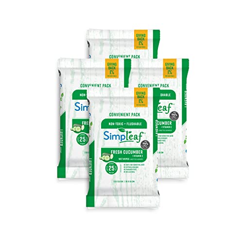 Simpleaf Brands Flushable Wet Wipes | Eco- Friendly, Paraben & Alcohol Free | Hypoallergenic & Safe for Sensitive Skin | Soothing Aloe Vera Formula with Cucumber Scent | (25-Count) 4 Pack