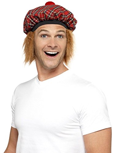 Smiffys mens Tam-o-shanter Tartan Hat With Hair and Pom Pom Costume Headwear, Red, One Size US