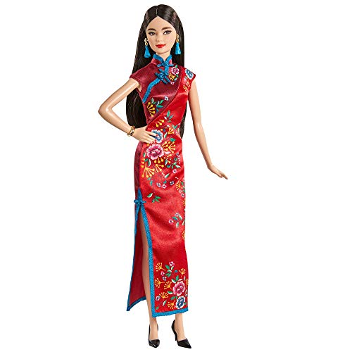 Mattel Barbie Signature Lunar New Year Doll (12-inch Brunette) Wearing Red Satin Cheongsam Dress with Accessories, Collectible Gift for Kids & Collectors