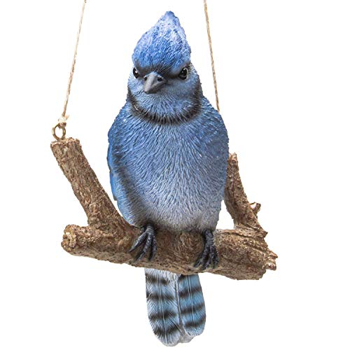Pacific Trading Giftware Hanging Blue Jay Bird Perching on Branch Resin Figurine Sculpture