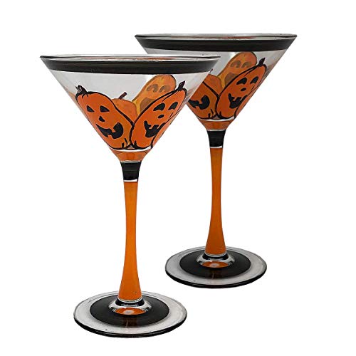 Golden Hill Studio Hand Painted Martini Glasses Set of 2 - Pumpkin Family Collection - Hand Painted Glassware by USA Artists - Unique and Decorative Martini Glasses, Kitchen Table D‚àö¬©cor