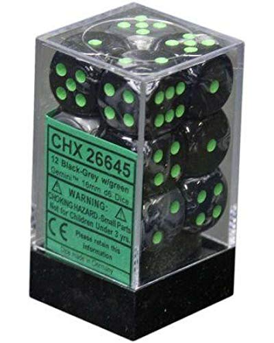 Chessex DND Dice Set D&D Dice-12mm Gemini Black, Grey, and Green Plastic Polyhedral Dice Set-Dungeons and Dragons Dice Includes 12Dice - D6 (CHX26645)