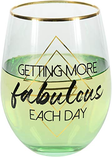Pavilion Gift Company Green Getting More Fabulous Each Day Ombre & Gold 18oz Stemless Birthday Wine Glass