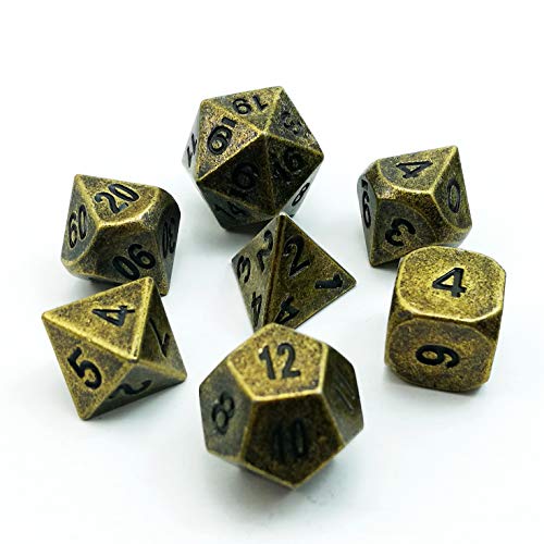 Bescon Dice Ancient Brass Solid Metal Polyhedral D&D Dice Set of 7 Antique Copper Metal RPG Role Playing Game Dice 7pcs Set