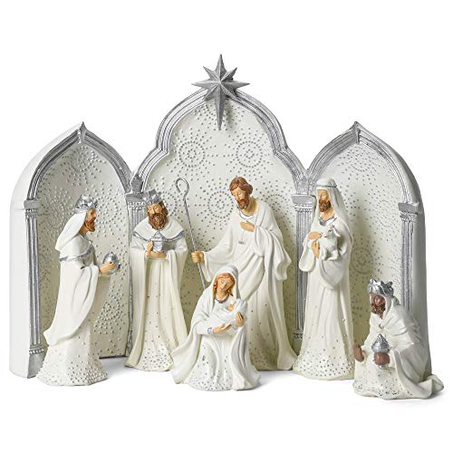 Roman 133013 Nativity Silver Dot White with Triptych Backdrop,11.25 inch