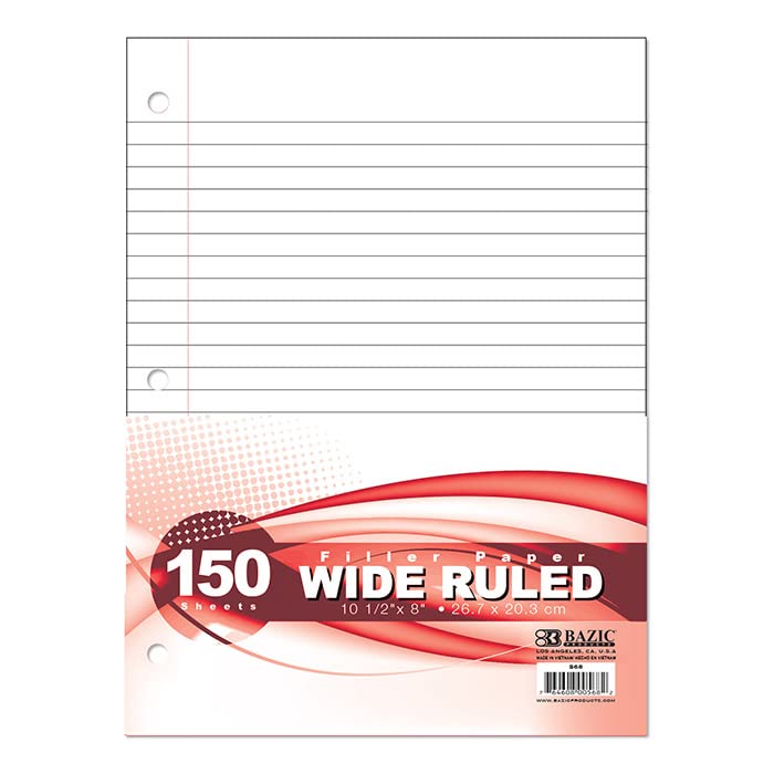 BAZIC Filler Paper Loose Leaf Papers 150 Sheet, Wide Ruled 3 Hole Punched for Ring Binders, for School, 1-Pack