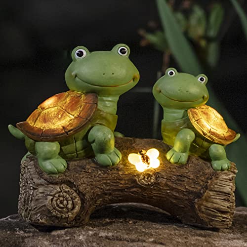La Jol√≠e Muse Garden Statue Turtles Figurine - Cute Frog Face Turtles Animal Sculpture with Solar LED Lights for Indoor Outdoor Spring Decorations, Patio Yard Lawn Ornaments, Gifts for Mom
