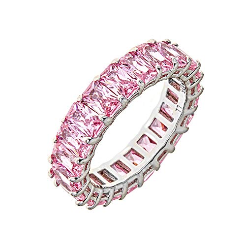 Maya J Eternity Ring - Emerald-Cut, with Artisan Fashioned Gemstones, Light Pink, Size 9