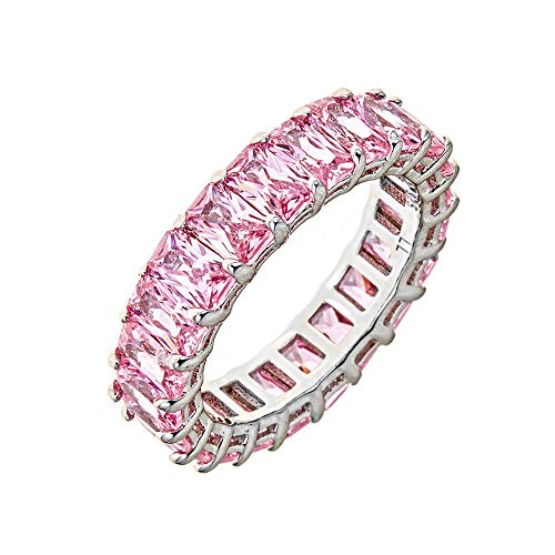 Maya J Eternity Ring - Emerald-Cut, with Artisan Fashioned Gemstones, Light Pink, Size 8