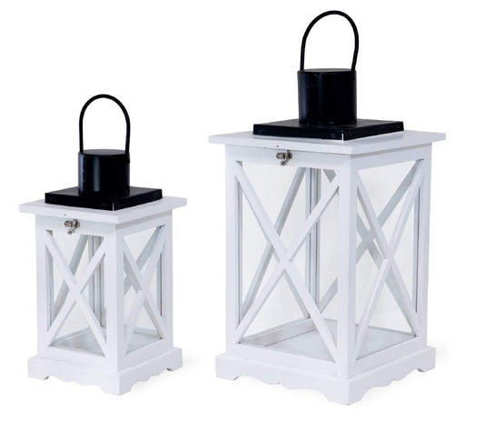 Boston International Wood, Metal, & Glass Lantern/Candle Holder, Set of 2, White Crisscross