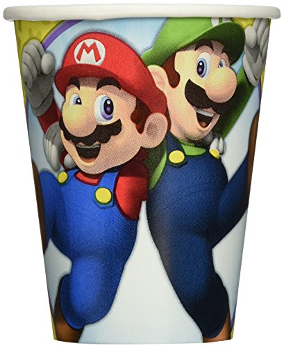 Amscan Swank Super Mario Brothers Birthday Party Paper Cups Disposable Drinkware (8 Pack), 9 oz, Multicolor
