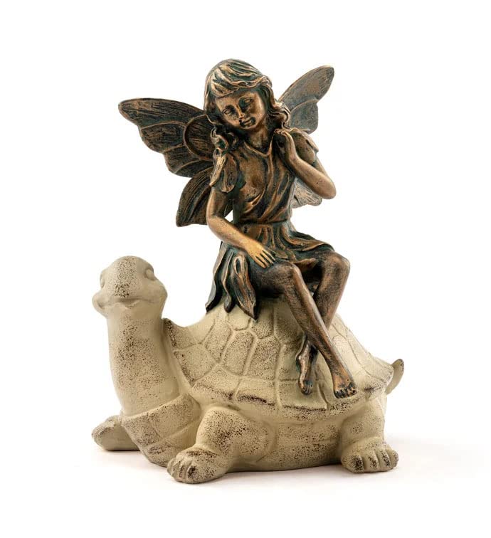 Napco Bronzed Fairy Sitting On Turtle Sand 8 x 6.5 Resin Outdoor Garden Statue